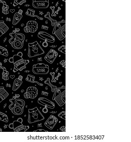 Plantilla de doodle dibujada a mano de tienda de mascotas. Elementos accesorios de perro: percha, correa, hueso, elementos de cuidado. Esbozar ilustración vectorial de estilo con espacio para texto aislado en fondo negro.