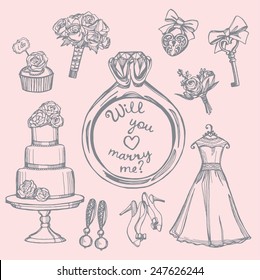 hand drawn doodle tender wedding set. Marry me ring, wedding dress, wedding flowers, wedding cake, wedding shoes, vintage key and lock