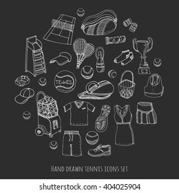 Hand drawn doodle Tennis game set Vector illustration tennis equipment Sport symbols Isolated icons collections Cartoon tennis concept elements Racket, tennis ball, tennis dress, shoes, tennis court