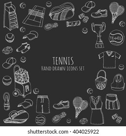 Hand drawn doodle Tennis game set Vector illustration tennis equipment Sport symbols Isolated icons collections Cartoon tennis concept elements Racket, tennis ball, tennis dress, shoes, tennis court