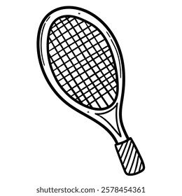 Hand drawn doodle tennis racket isolated on white background. Vector illustration.