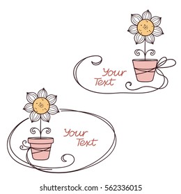 Hand drawn doodle text frames with stylized flower in pot