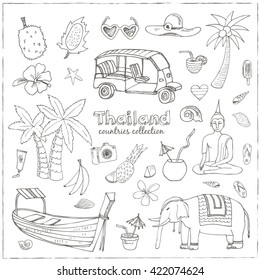 Hand drawn doodle Thailand travel set.  Sketchy Icons set. Travel Collection. Isolated vector illustration.