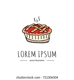 Hand drawn doodle Thanksgiving icon - traditional lattice upper crust apple pie isolated on white background. Vector illustration. Shortcrust pastry with apple filling