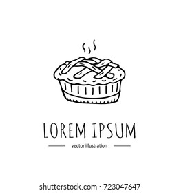Hand drawn doodle Thanksgiving icon - traditional lattice upper crust apple pie isolated on white background. Vector illustration. Shortcrust pastry with apple filling Sweet pastry