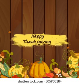 Hand drawn doodle Thanksgiving icons set against a dark wooden boards background. Vector illustration autumn symbols collection.