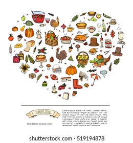Hand drawn doodle Thanksgiving icons set Vector illustration autumn symbols collection Cartoon various celebration elements: turkey, hat, cranberry, vegetables, pumpkin pie, leaves