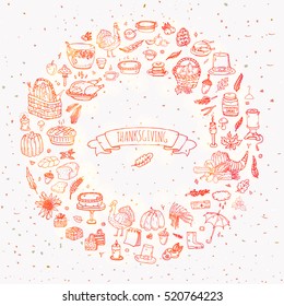 Hand drawn doodle Thanksgiving icons set Vector illustration autumn symbols collection Cartoon various celebration elements: turkey, hat, cranberry, vegetables, pumpkin pie, leaves