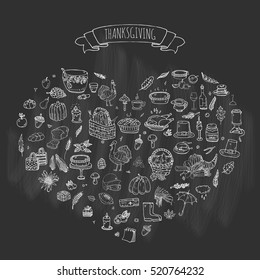 Hand drawn doodle Thanksgiving icons set Vector illustration autumn symbols collection Cartoon various celebration elements: turkey, hat, cranberry, vegetables, pumpkin pie, leaves