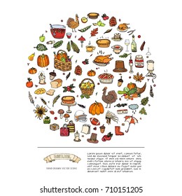 Hand drawn doodle Thanksgiving icons set. Vector illustration autumn symbols collection. Cartoon celebration elements: turkey, hat, cranberry, vegetables, pumpkin pie, leaves, cornucopia, basket. 