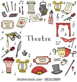 Hand drawn doodle Theater e set Vector illustration Sketchy theater icons Theatre acting performance elements Ticket Masks Lyra Flowers Curtain stage Musical notes Pointe shoes Make-up artist tools