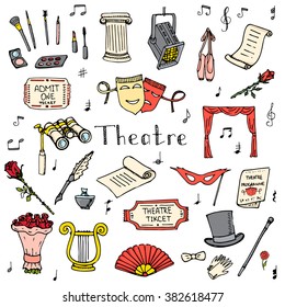 Hand drawn doodle Theater set Vector illustration Sketchy theater icons  Theatre acting performance elements Ticket Masks Lyra Flowers Curtain stage Musical notes Pointe shoes Make-up artist tools