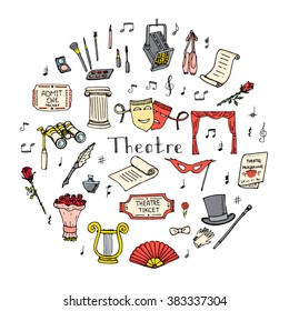 Hand drawn doodle Theater set Vector illustration Sketchy theater icons Theatre acting performance elements Ticket Masks Lyra Flowers Curtain stage Musical notes Pointe shoes Make-up artist tools