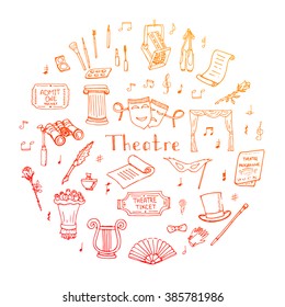 Hand drawn doodle Theater set Vector illustration Sketchy theater icons  Theatre acting performance elements Ticket Masks Lyra Flowers Curtain stage Musical notes Pointe shoes Make-up artist tools