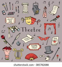 Hand drawn doodle Theater set Vector illustration Sketchy theater icons  Theatre acting performance elements Ticket Masks Lyra Flowers Curtain stage Musical notes Pointe shoes Make-up artist tools