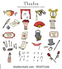 Hand drawn doodle Theater set Vector illustration Sketchy theater icons  Theatre acting performance elements Ticket Masks Lyra Flowers Curtain stage Musical notes Pointe shoes Make-up artist tools