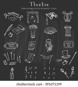 Hand drawn doodle Theater set Vector illustration Sketchy theater icons  Theatre acting performance elements Ticket Masks Lyra Flowers Curtain stage Musical notes Pointe shoes Make-up artist tools