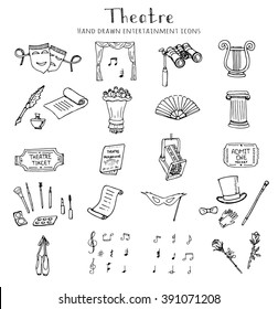 Hand drawn doodle Theater set Vector illustration Sketchy theater icons  Theatre acting performance elements Ticket Masks Lyra Flowers Curtain stage Musical notes Pointe shoes Make-up artist tools