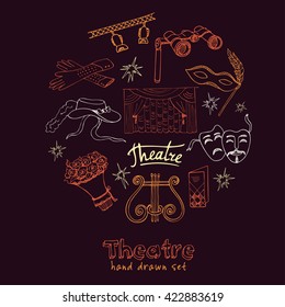 Hand drawn doodle Theater set Masks Lyra Flowers Curtain stage Sketches. Hand-drawing. Vector illustration of for design and packages product.