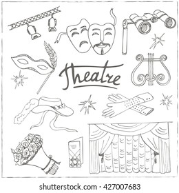 Hand drawn doodle Theater set Masks Lyra Flowers Curtain stage Sketches. Hand-drawing. Vector illustration of for design and packages product.