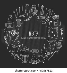 Hand drawn doodle Theater set. Vector illustration. Sketchy artistic icons. Acting performance elements: Ticket, Masks, Lyra, Flowers, Curtain stage, Musical notes, Pointe shoes, Make-up artist tools.