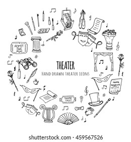 Hand drawn doodle Theater set. Vector illustration. Sketchy artistic icons. Acting performance elements: Ticket, Masks, Lyra, Flowers, Curtain stage, Musical notes, Pointe shoes, Make-up artist tools.