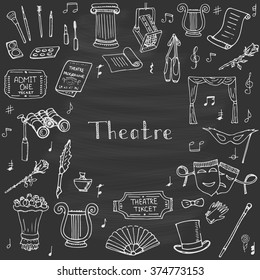 Hand drawn doodle Theatre set Vector illustration Sketchy theater icons  Theatre acting performance elements Ticket Masks Lyra Flowers Curtain stage Musical notes Pointe shoes Make-up artist tools