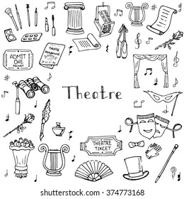 Hand drawn doodle Theatre set Vector illustration Sketchy theater icons  Theatre acting performance elements Ticket Masks Lyra Flowers Curtain stage Musical notes Pointe shoes Make-up artist tools