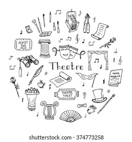 Hand drawn doodle Theatre set Vector illustration Sketchy theater icons  Theatre acting performance elements Ticket Masks Lyra Flowers Curtain stage Musical notes Pointe shoes Make-up artist tools