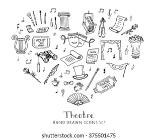 Hand drawn doodle Theatre set Vector illustration Sketchy theater icons  Theatre acting performance elements Ticket Masks Lyra Flowers Curtain stage Musical notes Pointe shoes Make-up artist tools