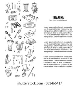Hand drawn doodle Theatre set Vector illustration Sketchy theater icons  Theater acting performance elements Ticket Masks Lyra Flowers Curtain stage Musical notes Pointe shoes Make-up artist tools