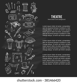 Hand drawn doodle Theatre set Vector illustration Sketchy theater icons  Theater acting performance elements Ticket Masks Lyra Flowers Curtain stage Musical notes Pointe shoes Make-up artist tools