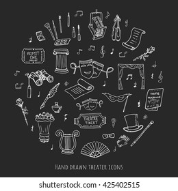 Hand drawn doodle Theatre set Vector illustration Sketchy theater icons  Theatre acting performance elements Ticket Masks Lyra Flowers Curtain stage Musical notes Pointe shoes Make-up artist tools