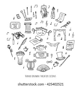 Hand drawn doodle Theatre set Vector illustration Sketchy theater icons  Theatre acting performance elements Ticket Masks Lyra Flowers Curtain stage Musical notes Pointe shoes Make-up artist tools