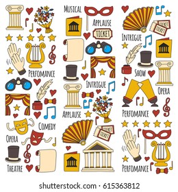 Hand drawn doodle Theatre set Vector illustration Sketchy theater icons Ticket Masks Lyra Flowers Curtain stage Musical notes Pointe shoes Make-up artist tools Theatre acting performance elements