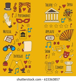 Hand drawn doodle Theatre set Vector illustration Sketchy theater icons Ticket Masks Lyra Flowers Curtain stage Musical notes Pointe shoes Make-up artist tools Theatre acting performance elements