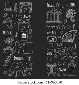 Hand drawn doodle Theatre set Vector illustration Sketchy theater icons Ticket Masks Lyra Flowers Curtain stage Musical notes Pointe shoes Make-up artist tools Theatre acting performance elements