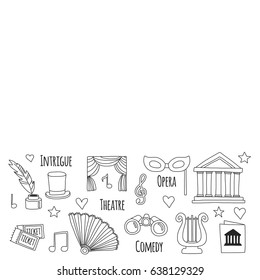 Hand drawn doodle Theatre set Vector illustration Sketchy theater icons  