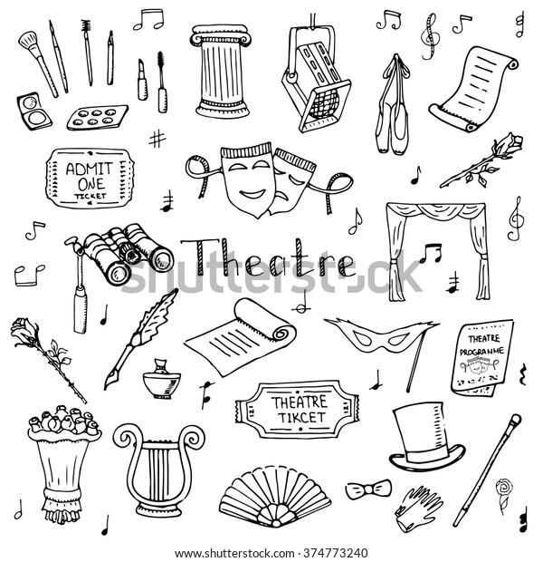 Hand drawn doodle Theatre set Vector illustration
Sketchy theater icons  Theatre acting performance elements Ticket
Masks Lyra Flowers Curtain stage Musical notes Pointe shoes Make-up
artist tools