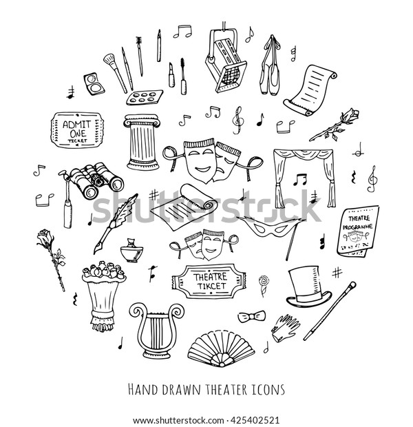 Hand drawn doodle Theatre set Vector illustration\
Sketchy theater icons  Theatre acting performance elements Ticket\
Masks Lyra Flowers Curtain stage Musical notes Pointe shoes Make-up\
artist tools