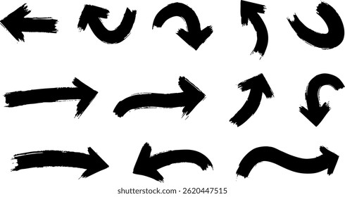 hand drawn doodle thick arrows Brush, marker drawn bold arrows set