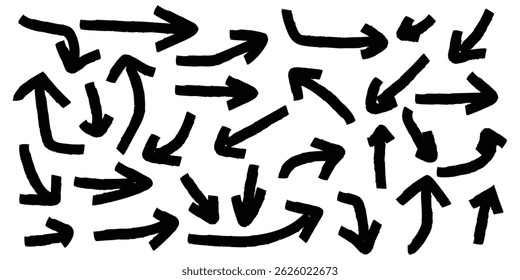Handgezeichnete Doodle dicke Pfeile. Pfeil-Symbol gesetzt. Handgezeichnete Grunge Pinsel Skizze Richtung. Vektor-Grunge-Zeiger. farbige Pfeilbürste. design element, Vektorgrafik eps 10. 