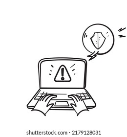 hand drawn doodle threat detection on laptop illustration vector