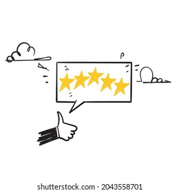 hand drawn doodle thumb up with 5 star rating review feedback icon illustration isolated