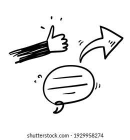 hand drawn doodle thumb up arrow and bubble speech symbol for like share and comment illustration