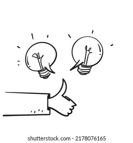 hand drawn doodle thumb up and light bulb idea illustration symbol for love the idea