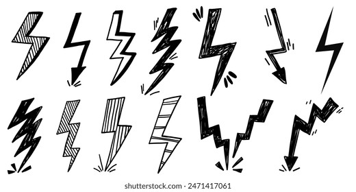 Hand drawn doodle thunderstorm lightning spark voltage electric shock scribble.