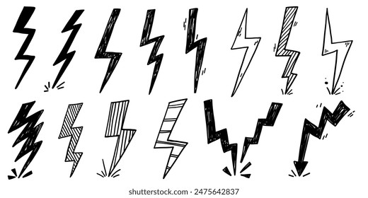 Hand drawn doodle thunderstorm lightning spark voltage electric shock scribble.