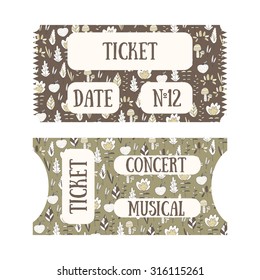Hand drawn doodle tickets with floral design in vintage style. Tickets for cinema, concert, museum, exhibition
