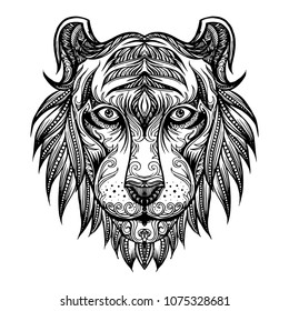 Hand drawn doodle Tiger face illustration. Decorative ornate vector lion head drawing for coloring book